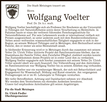 Anzeige von Wolfgang Voelter von Reutlinger General-Anzeiger