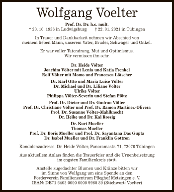 Anzeige von Wolfgang Voelter von Reutlinger General-Anzeiger