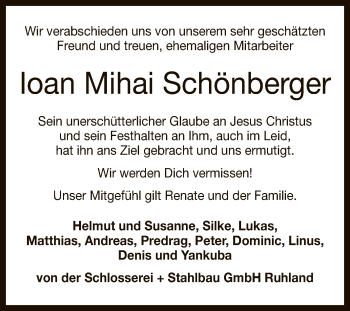 Anzeige von loan Mihai Schönberger von Reutlinger General-Anzeiger