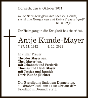 Anzeige von Antje Kunde-Mayer von Reutlinger General-Anzeiger