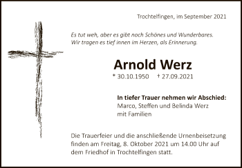 Anzeige von Arnold Werz von Reutlinger General-Anzeiger