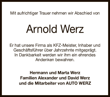 Anzeige von Arnold Werz von Reutlinger General-Anzeiger