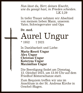 Anzeige von Aurel Ungur von Reutlinger General-Anzeiger