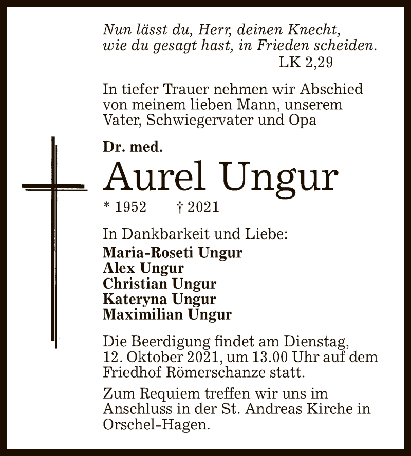  Traueranzeige für Aurel Ungur vom 09.10.2021 aus Reutlinger General-Anzeiger