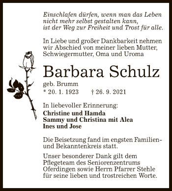 Anzeige von Barbara Schulz von Reutlinger General-Anzeiger