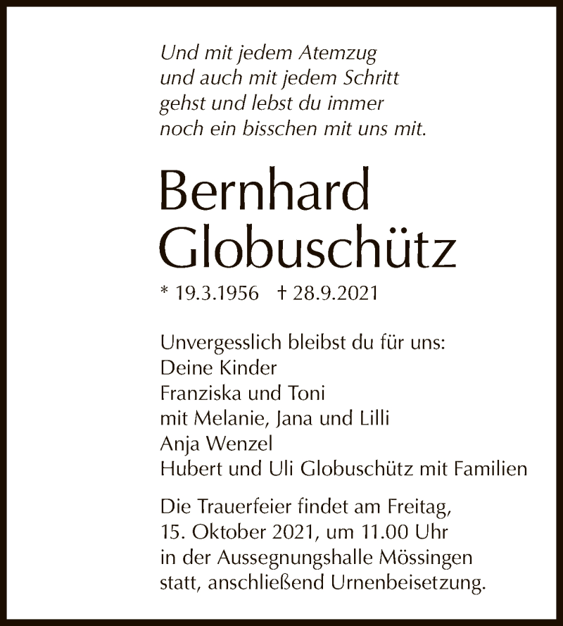  Traueranzeige für Bernhard Globuschütz vom 08.10.2021 aus Reutlinger General-Anzeiger