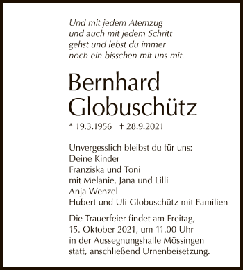 Anzeige von Bernhard Globuschütz von Reutlinger General-Anzeiger