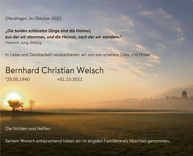  Traueranzeige für Bernhard Christian Welsch vom 09.10.2021 aus Reutlinger General-Anzeiger