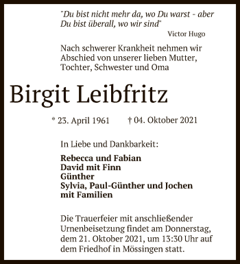 Anzeige von Birgit Leibfritz von Reutlinger General-Anzeiger