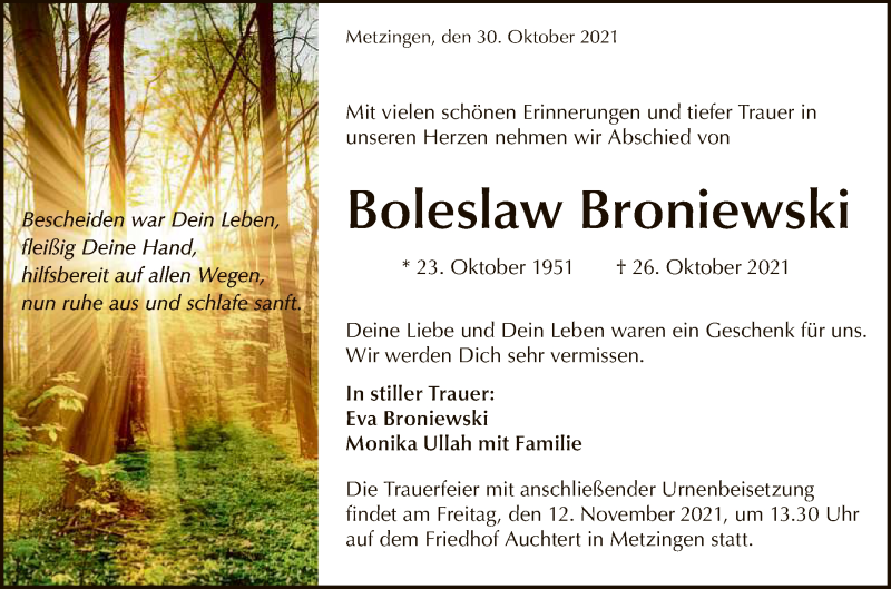 Traueranzeige für Boleslaw Broniewski vom 30.10.2021 aus Reutlinger General-Anzeiger