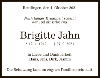 Anzeige von Brigitte Jahn von Reutlinger General-Anzeiger