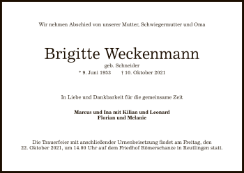 Anzeige von Brigitte Weckenmann von Reutlinger General-Anzeiger