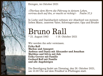 Anzeige von Bruno Rall von Reutlinger General-Anzeiger