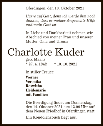 Anzeige von Charlotte Kuder von Reutlinger General-Anzeiger