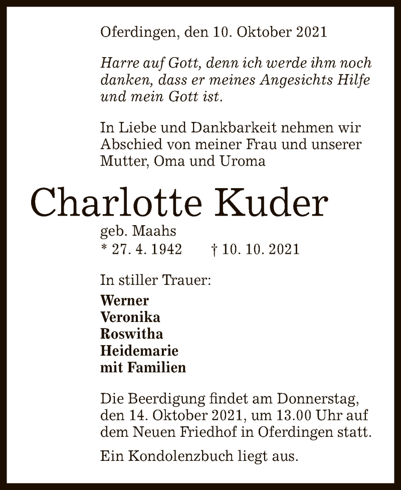  Traueranzeige für Charlotte Kuder vom 12.10.2021 aus Reutlinger General-Anzeiger