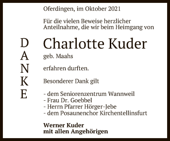 Anzeige von Charlotte Kuder von Reutlinger General-Anzeiger