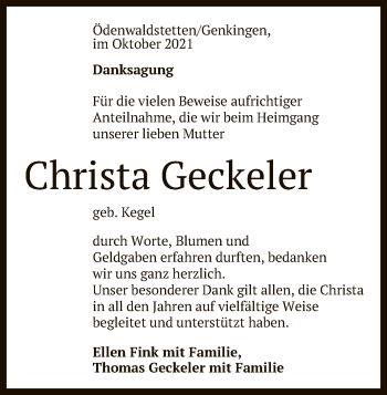 Anzeige von Christa Geckeler von Reutlinger General-Anzeiger