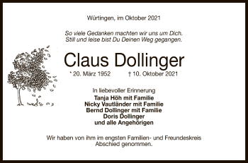 Anzeige von Claus Dollinger von Reutlinger General-Anzeiger