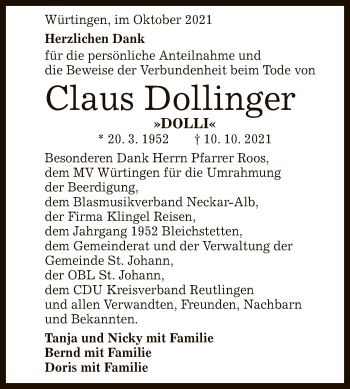 Anzeige von Claus Dollinger von Reutlinger General-Anzeiger