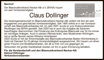 Anzeige von Claus Dollinger von Reutlinger General-Anzeiger