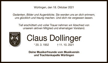 Anzeige von Claus Dollinger von Reutlinger General-Anzeiger