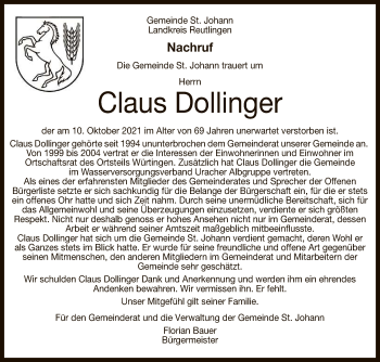 Anzeige von Claus Dollinger von Reutlinger General-Anzeiger