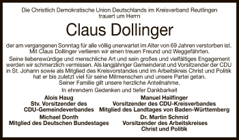 Anzeige von Claus Dollinger von Reutlinger General-Anzeiger