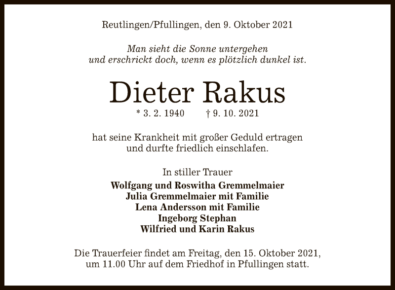  Traueranzeige für Dieter Rakus vom 12.10.2021 aus Reutlinger General-Anzeiger