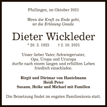 Anzeige von Dieter Wickleder von Reutlinger General-Anzeiger