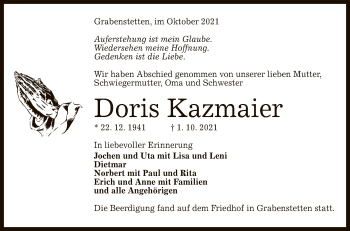 Anzeige von Doris Kazmaier von Reutlinger General-Anzeiger