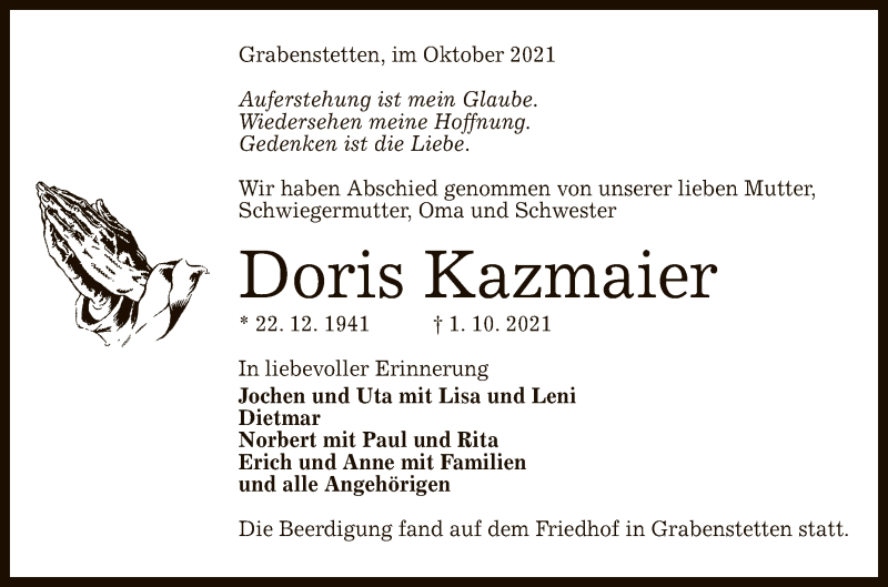  Traueranzeige für Doris Kazmaier vom 14.10.2021 aus Reutlinger General-Anzeiger