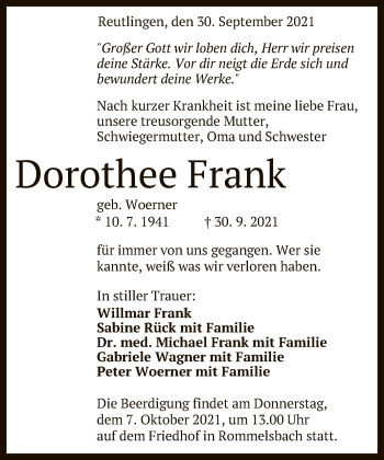 Anzeige von Dorothee Frank von Reutlinger General-Anzeiger