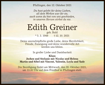Anzeige von Edith Greiner von Reutlinger General-Anzeiger