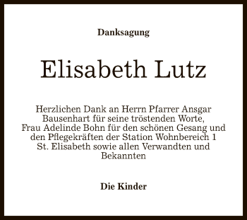 Anzeige von Elisabeth Lutz von Reutlinger General-Anzeiger