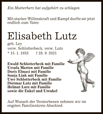 Anzeige von Elisabeth Lutz von Reutlinger General-Anzeiger