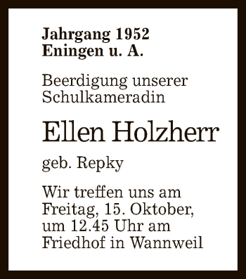 Anzeige von Ellen Holzherr von Reutlinger General-Anzeiger