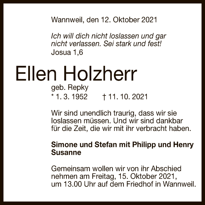  Traueranzeige für Ellen Holzherr vom 13.10.2021 aus Reutlinger General-Anzeiger