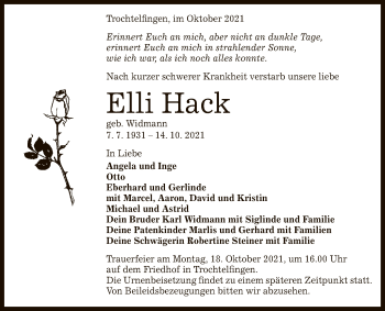 Anzeige von Elli Hack von Reutlinger General-Anzeiger