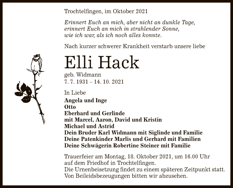  Traueranzeige für Elli Hack vom 16.10.2021 aus Reutlinger General-Anzeiger