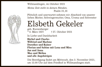 Anzeige von Elsbeth Gekeler von Reutlinger General-Anzeiger