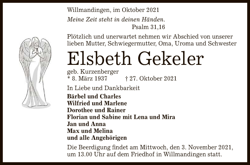  Traueranzeige für Elsbeth Gekeler vom 30.10.2021 aus Reutlinger General-Anzeiger