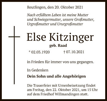 Anzeige von Else Kitzinger von Reutlinger General-Anzeiger