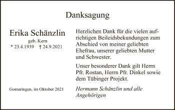 Anzeige von Erika Schänzlin von Reutlinger General-Anzeiger