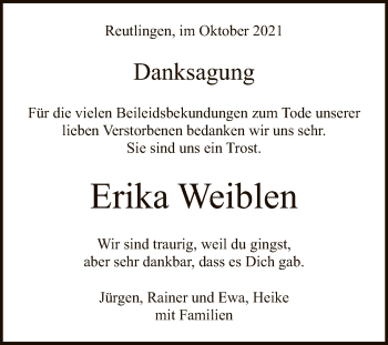 Anzeige von Erika Weiblen von Reutlinger General-Anzeiger