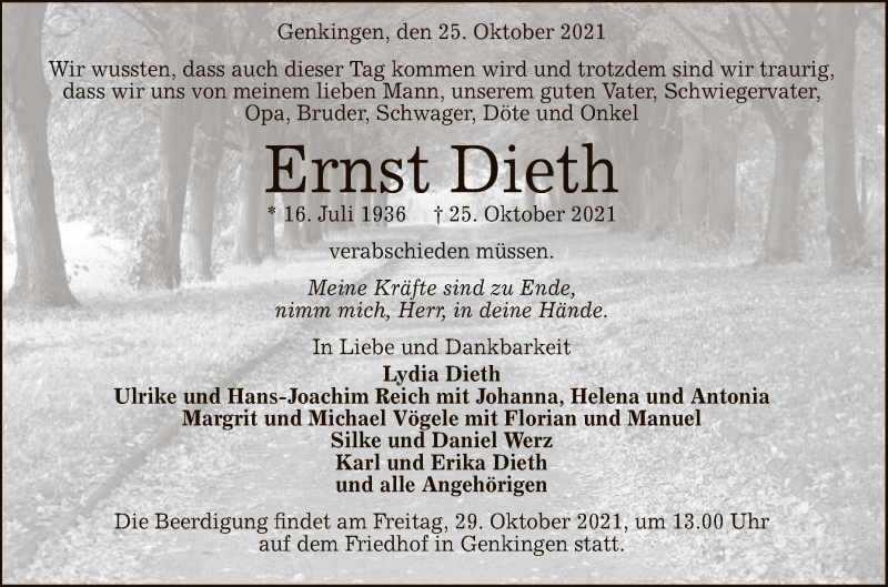  Traueranzeige für Ernst Dieth vom 27.10.2021 aus Reutlinger General-Anzeiger