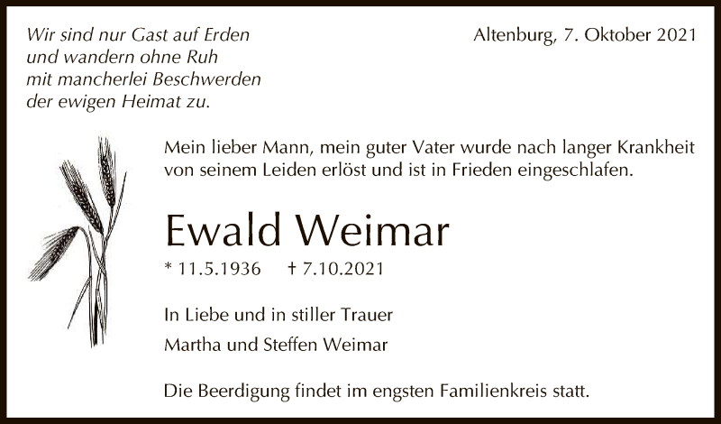  Traueranzeige für Ewald Weimar vom 12.10.2021 aus Reutlinger General-Anzeiger