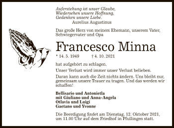 Anzeige von Francesco Minna von Reutlinger General-Anzeiger