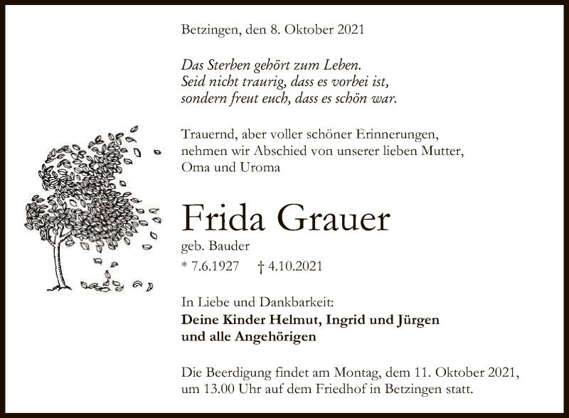  Traueranzeige für Frida Grauer vom 07.10.2021 aus Reutlinger General-Anzeiger