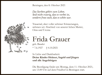Anzeige von Frida Grauer von Reutlinger General-Anzeiger