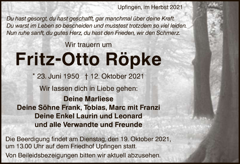  Traueranzeige für Fritz-Otto Röpke vom 16.10.2021 aus Reutlinger General-Anzeiger
